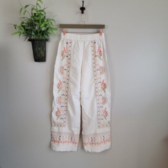 Anthropologie S Boho Straight Wide Leg Capri Floral Embroidered Cropped Pants - Picture 13 of 16